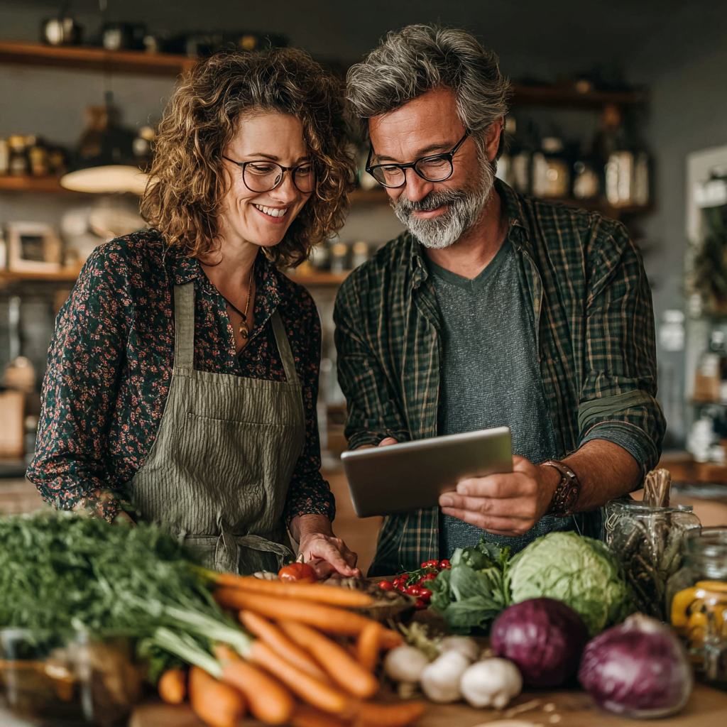 Happy couple in their late 40s cooking together in a bright kitchen, following a healthy recipe on a tablet while surrounded by fresh vegetables and ingredients