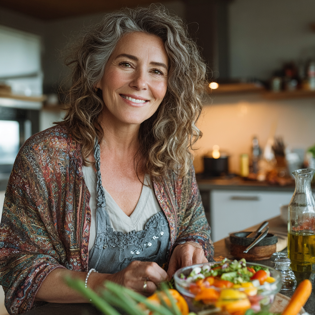 Middle-aged woman in her 50s smiling while preparing a healthy colorful salad in a modern kitchen, wearing casual clothes